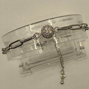 Paper Clip Stainless Steel Chain with Cubic Zirconia 6mm Bead adjustable length